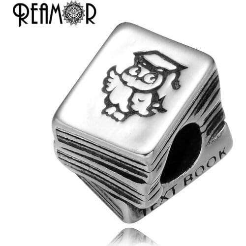 REAMOR 316l Stainless Steel Cartoon Doctor Owl Book European Animal Beads Charm For Strand Bracelet Jewelry Making DIY