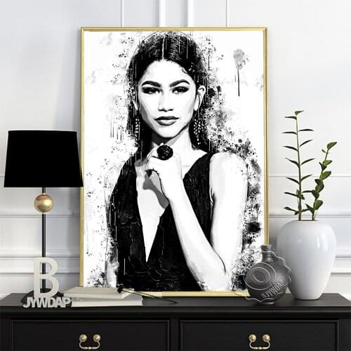 Zendaya Black White Watercolor Poster, Elegant Goddess Sketch Canvas Painting, America Actress Singer Portrait Wall Home Decor