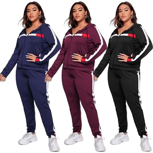 European and American womens plus size fat clothes casual stitching sports hooded zipper jacket trousers suit