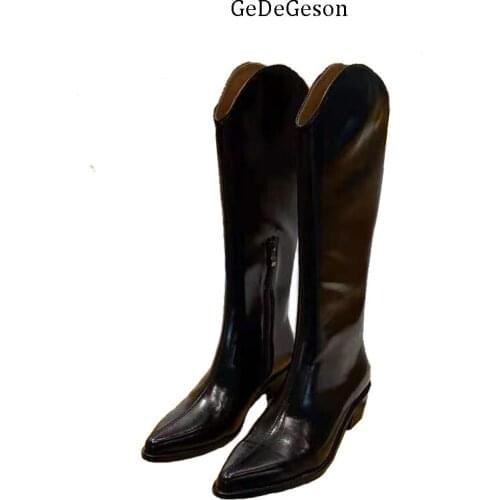 Cowboy Boots Women V Fashion High-End Luxury Shoes Female Cowhide Sole Winter and Spring Wearing Side Zipper