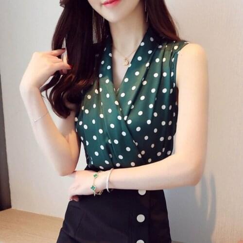Women Summer Elegant Chiffon Blouses Shirts Lady Casual Sleeveless Polka Dot Printed Chiffon Blusas Tops ZZ0483