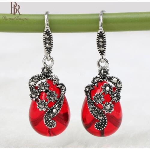 Bague Ringen vintage ruby earrings 925 sterling silver with red green big gemstones wedding women party wholesale gift