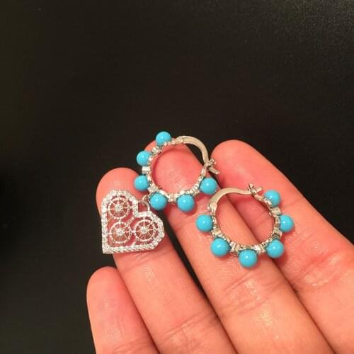 Top Quality Silver Color Gorgeous Blue Bead Hoop Earrings Cute Hollow Heart Pendant Earrings For Women Ins Jewelry