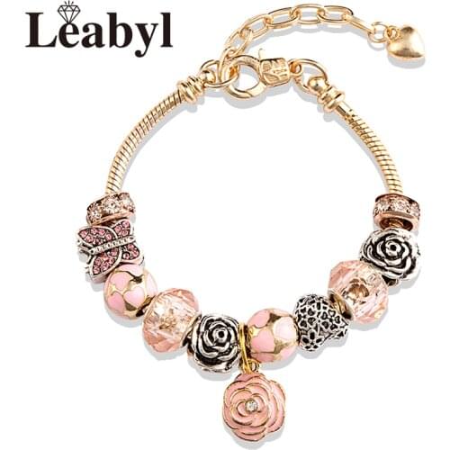 Pink Crystal Flower Butterfly Charm Bracelets Rose Gold Color Lobster Heart Bead Bracelets & Bangles for Women Girl Jewelry Gift