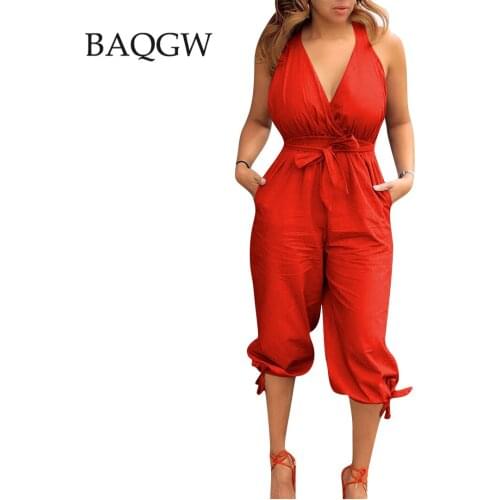 Summer Womens Sleeveless Casual Large Size 2XL Jumpsuits 2021 Fashion Sexy Solid Backless Deep V-neck Rompers Lace Up Jumpsuit