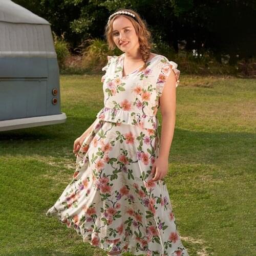 Plus Size Womens Summer Dress 2021 Fairy Ruffle Floral High Waist 4XL Skirt V Neck Dress Length Casual Streetwear
