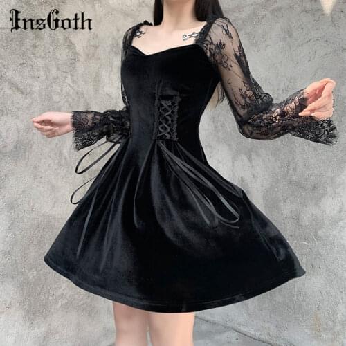 InsGoth Gothic Lolita Bandage Black Dress Women Vintage Sexy Lace Puff Sleeve Dress Aesthetic Elegant High Waist Party Dresses