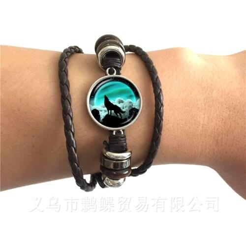 Dolphin Pattern Bracelet Trendy Round Glass Mermaid 20mm Glass Dome Black/Brown 2 Color Leather Cords Adjustbale Bangle