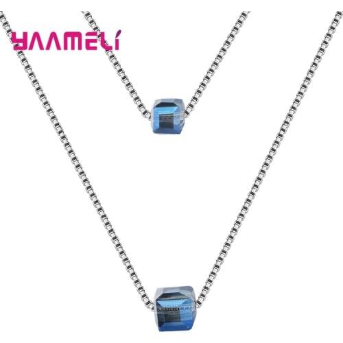 Concise Beautiful 925 Sterling Silver Pendant Necklaces For Women Simple Square Crystal Double Clavicle Chain Jewelry Gift