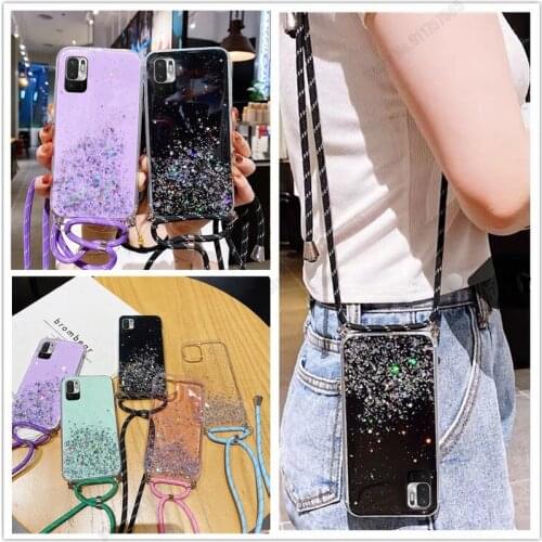 For Xiaomi POCO M3 Pro F3 X3 NFC Case Crossbody Strap Cord Phone Case For Redmi Note 10 Pro 5G Bling Glitter Soft Silicone Cover