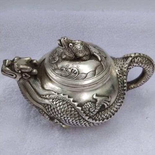 China antique old Dragon statue Silver teapot
