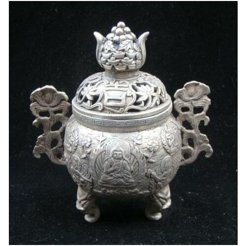 Collectible Handmade Carving Statue Buddha Copper Silver Incense Burner