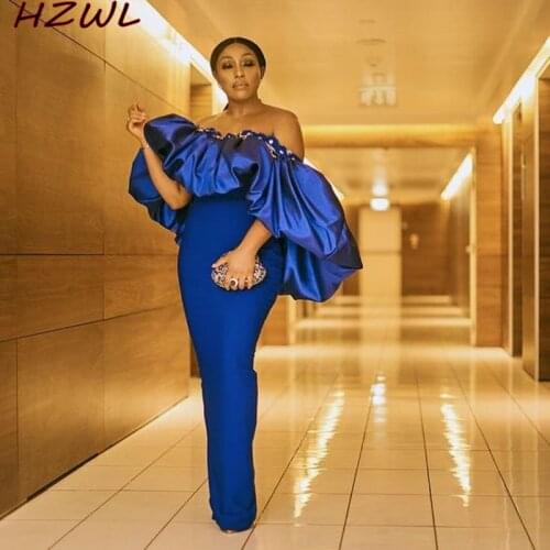Royal Blue African Prom Dresses With Sequins Off The Shoulder Mermaid Evening Dress Satin Party Gowns
