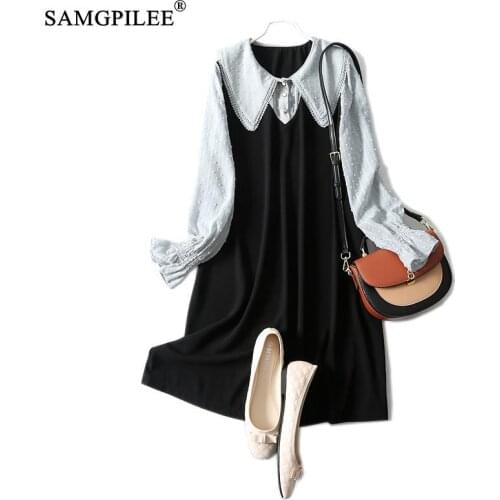 Summer Clothes For Women 2021 New Fashion Office Lady A-line Patchwork Full Sleeve Empire Ruffled Collar Plus Size Woman Dresses