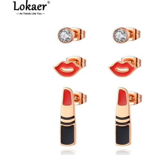 Lokaer Trendy Stainless Steel Lips & Lipstick Earrings Jewelry 3Pair/Set CZ Crystal Earrings For Women Серьги Pendientes E21033