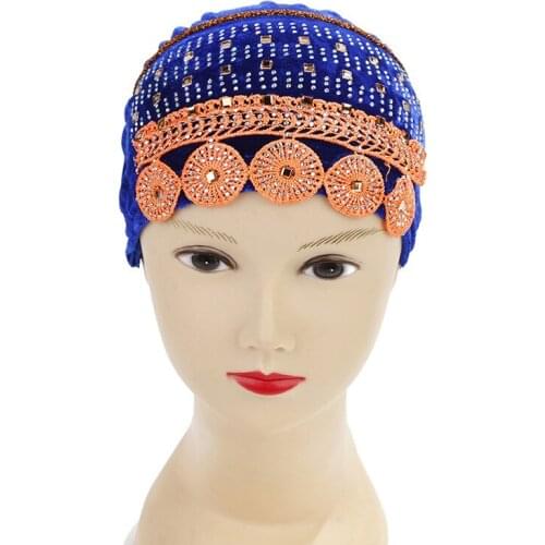 Fashion gold velvet hot drill head hat Muslim worship hat sombreros de mujer Rhinestone headscarf red pink blue color