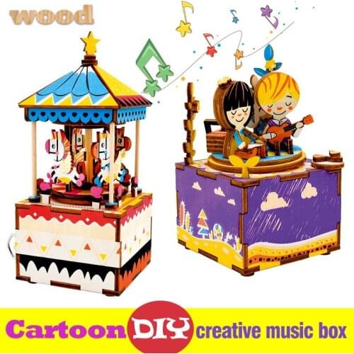 Cartoon Creative DIY Music Box Wooden Carousel Robot Animal Birds Shape Musical Boxes for Kids Girls Friend Christmas gifts