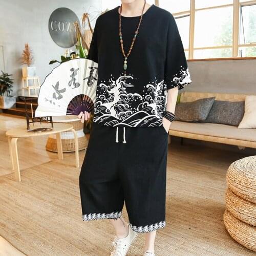 Men Short-Sleeved Shirt Pants Two Piece Suits Japanese Kimono Summer Print T-shirt Shorts Japan Harajuku Yukata Cardigan Costume