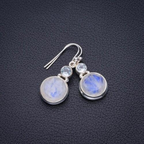 Natural Rainbow Moonstone And Blue Topaz Handmade 925 Sterling Silver Earrings 1.25" D3378