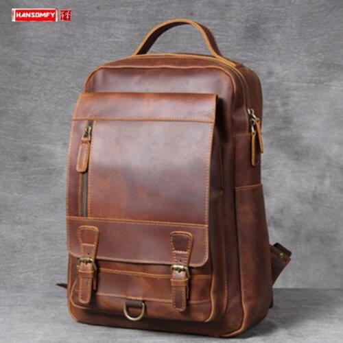 New Retro Crazy Horse Leather Bag Men Backpack Large-capacity Laptop Backpack Male Computer Bag Schoolbag First Layer Cowhide