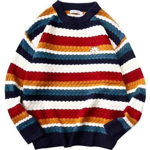 2021 winter new three-color chrysanthemum striped round neck pullover sweater men