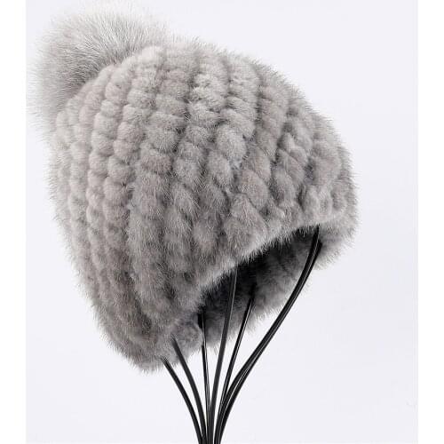 2021 New Aarrival Womens Winter 100% Real Mink Fur Knitted Hat Real Fur Beanie Caps With Fox Fur Ball Pom Poms Hats