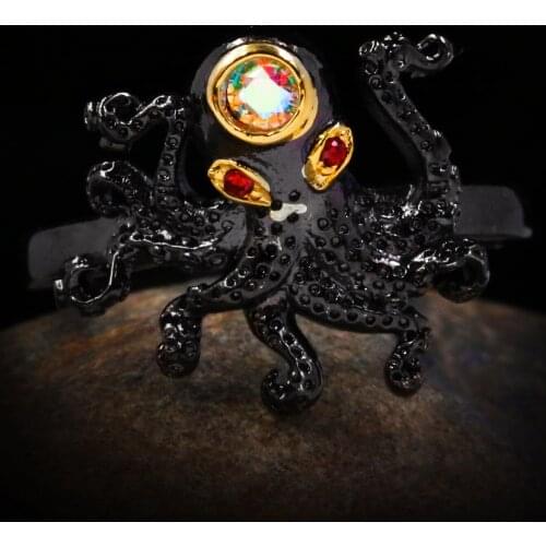 Original Design 925 Sterling Silver Creative Octopus Ruby Gemstone Rings for Women Black Gold Turkish Jewelry Anniversary Gift