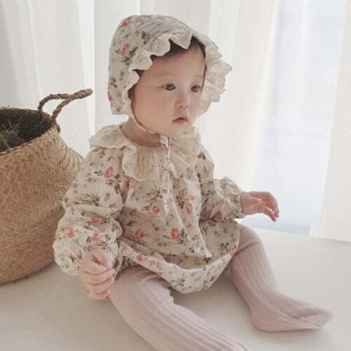 Autumn baby girl bodysuit Baby Cute Floral One-Piece bodysuit With Hat 2pcs Female Baby Hollow Ruffled Collar Crawling Clothes