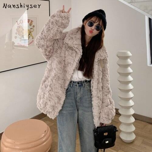 Autumn Loose Thicken Turndown Collar Solid Soft Faux Rabbit Fur Coat Women Plus Size Long Sleeve Warm Winter Outerwear Female