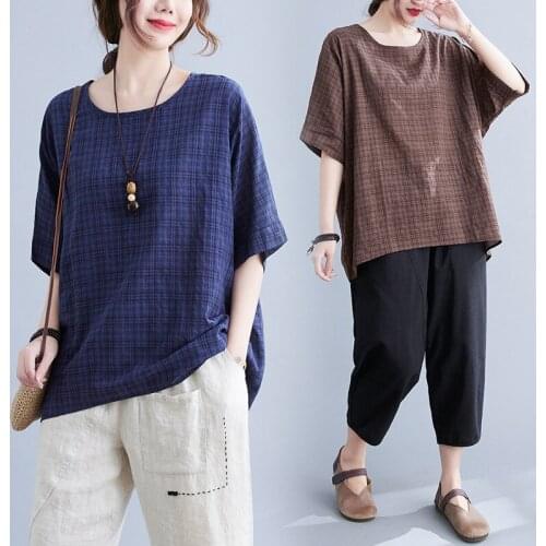 Plump Girls plus Size Womens Clothes Top Cotton and Linen Solid Color T-shirt Womens Loose Slimming New Age Reducing Batwing