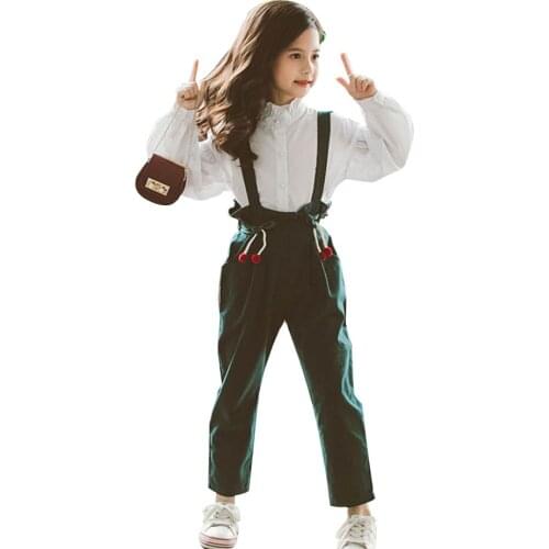 Teenage Clothes Cherry Embroidery Shirt + Jumpsuit 2 Pcs Kids Clothes Lantern Sleeve Suit For Girls Spring Casual Girls Clothes