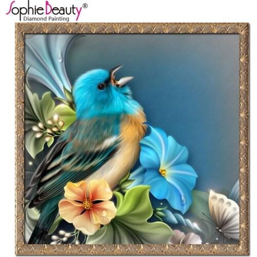 Sophie Beauty 5D Diy Round Square Diamond Painting Cross Stitch Handcraft Mosaic Beaded Embroidery Blue Flower Cute Bird Art Kit