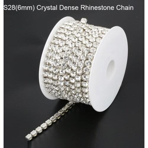 1yard SS28 6mm Glass Crystal Dense Rhinestone Cup Chain Sliver Claw Plating Rhinestone Chain Trim For DIY Dress Craft Decoration