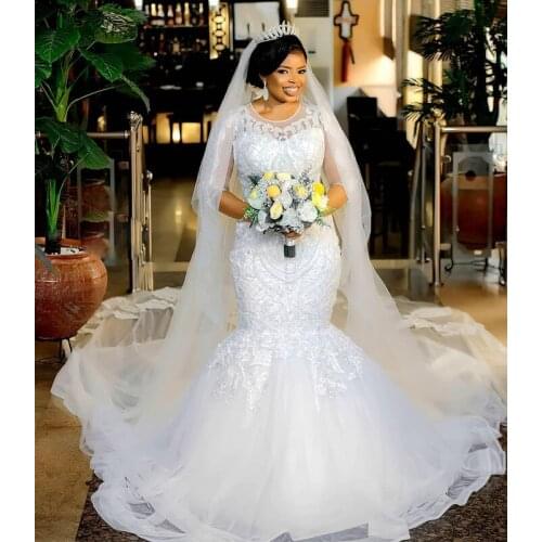 Stylish White Mermaid Wedding Bridal Dresses O Neck Half Sleeve Beading Lace Appliques Wedding Gowns