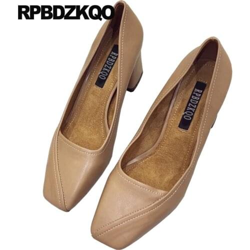 Retro Ladies Mid Heels Shoes Work New Modern 2019 Autumn Vintage Thick Closed Square Toe High Office Pumps Nude Gray Slip On