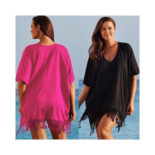 Plus Size Women Summer Short Sleeve Loose Casual Party Evening Beach Blouse Tassel Black Rose Red