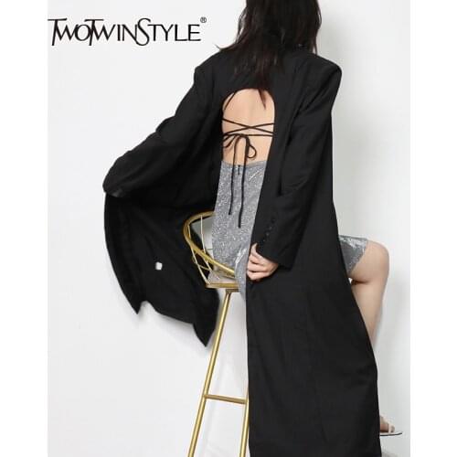 TWOTWINSTYLE Backless Black Blazer For Women Notched Long Sleeve Minimalist Fashionable Casual Blazers Female New Clothing 2021