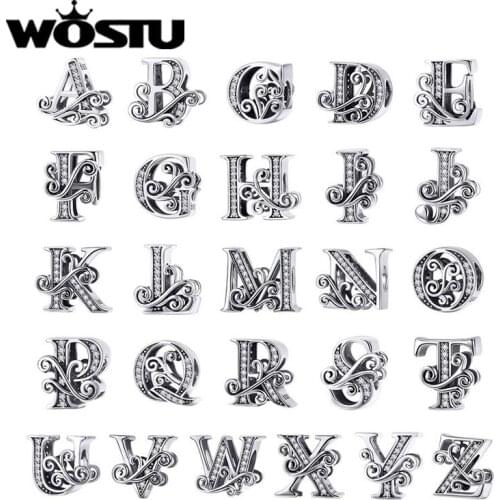 WOSTU 100% 925 Sterling Silver Letter A-Z CZ Stone Beads Fit Women Bracelet Bangle Necklace Fashion Bijoux Jewelry Gift BNC030