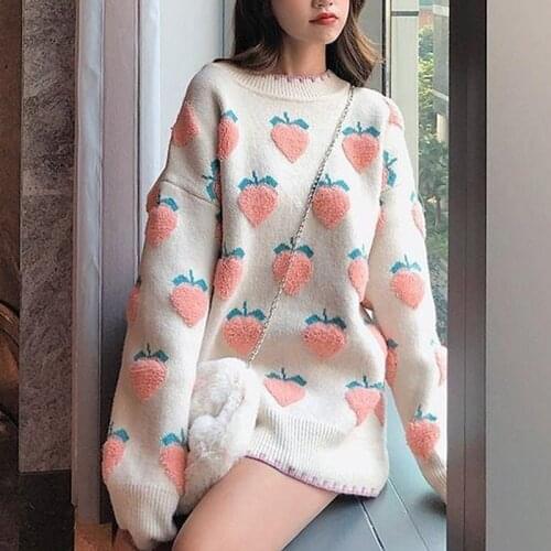 Korean Kawaii Peach Pattern Sweater Women Autumn Winter O Neck Long Sleeve Loose Pullover Sweaters Knitted Sweater Pull Femme