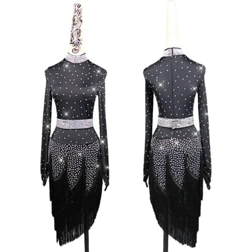 New Latin Dance Dress Women Performance Competition Clothing Female High-end Black Long Sleeve Latin Dance Fringed Skirt