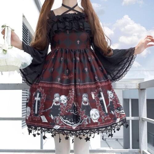 Gothic Lolita Ghost Pattern Printed Dress Women Jsk Ruffle Cross Decorated Vintage Strap Tulle Tea Party Halloween Cosplay Cloth