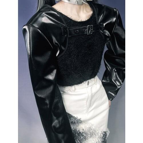 Original Design Punk Style Faux Leather Sleeve 2pcs Knitted Off Shoulder Long Sleeve Top Sweater Y2K Moto Biker PU Top