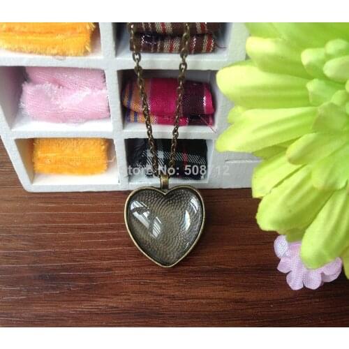 50Sets, Brown Photo Pendant DIY Kits, 25mm, Heart, Cabochon Settings, Metal Trays, Glass Cabochons, Metal Necklace Chains