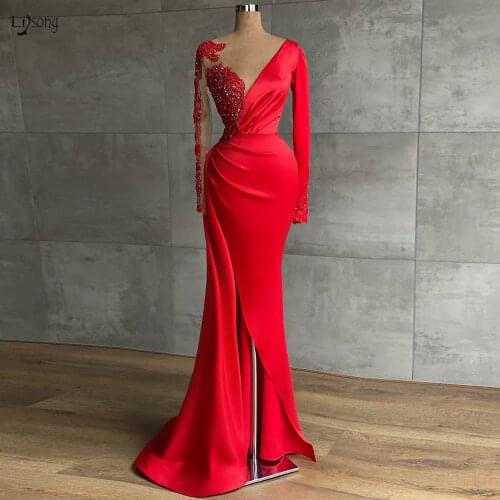 Alternative Red Mermaid Evening Dresses Full Sleeves Long Evening Gowns Shiny Crystal Beaded Formal Party Dress Split Gowns