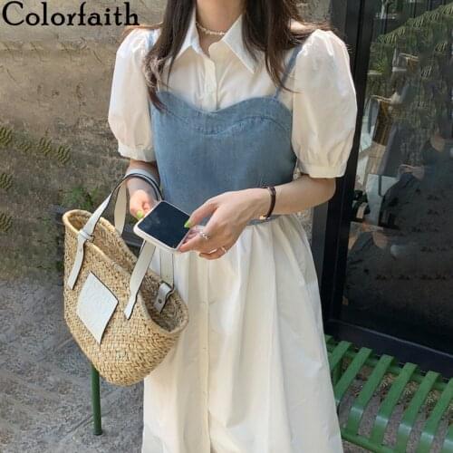 Colorfaith 2021 New Summer Women Sets 2 Pieces Outfits Shirt Dress With Denim Vest Bow Vintage Korean Elegant Lady Suits WS2086