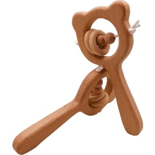 Wooden Teething Baby Toy Grasping Rattle Beech Bear Hand Wooden Ring Baby Rattles Play Gym Montessori Stroller Educational Toys