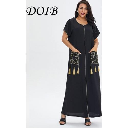DOIB Women Abaya Long Robe Turkey Islam Dubai Muslim Arabic Short Sleeve Tassel Dress Ramadan Eid Musulman Kafan Dress