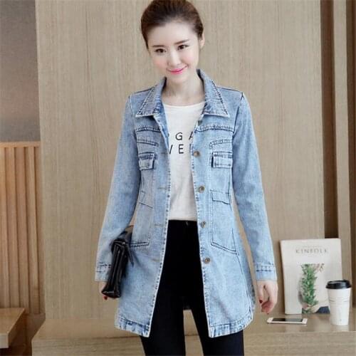 Denim Jacket Korean Female Jacket Classic Blue Denim Coat Relaxed Fit Tops Long Sleeve Jean Outwear long Denim Jacket WomenHC072