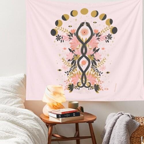 Vintage Pink Moon Phase Tapestry Wall Hanging for Dorm Room INS Trippy Tapestry Psychedelic Wall Prints Floral Moon Tapestry