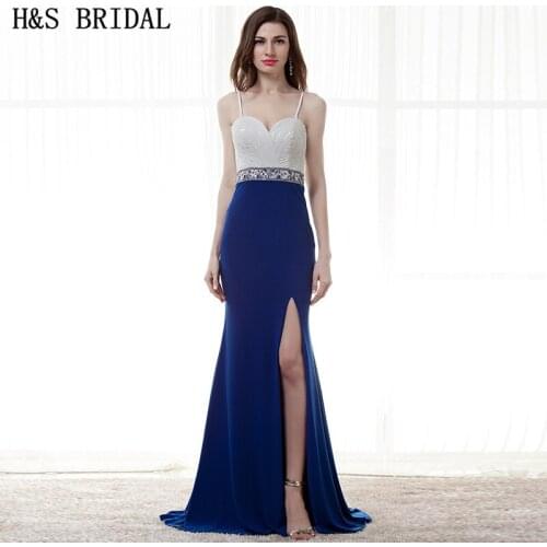H&S BRIDAL Sweetheart Royal Blue evening dresses long White Spaghetti Straps Crystal Beaded formal evening gowns With Slit